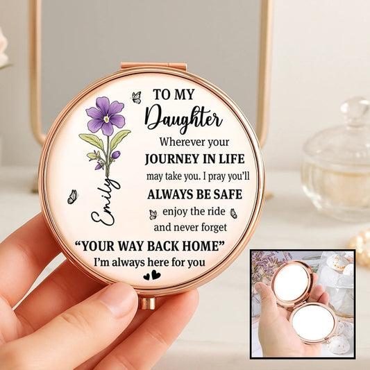 Personalized Metal Compact Mirror for Daughter, Purple Flower Quote, Always Be Safe, Unique Gift From Mom
