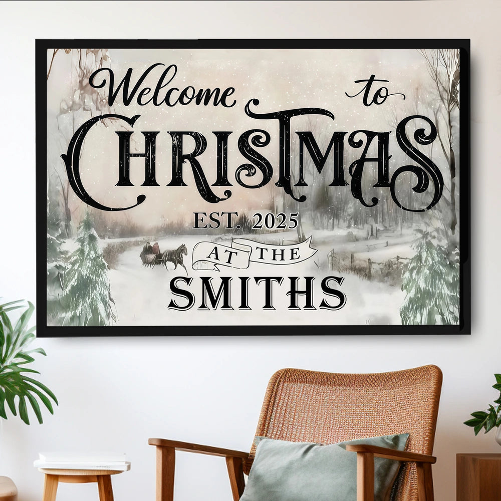 Custom Christmas Welcome Poster, Snowy Horse-Drawn Landscape Wall Decor, Heartwarming Holiday Keepsake, Creative Family Gift for Any Home