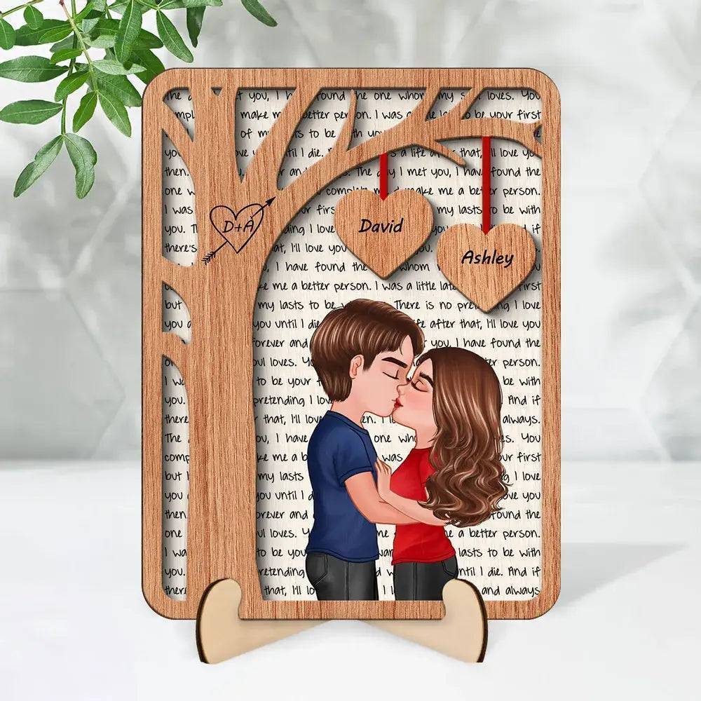 Love's Silhouette - Engraved Kiss Under the Tree Plaque with Alphabet Backdrop - Personalized Romantic Wooden Art