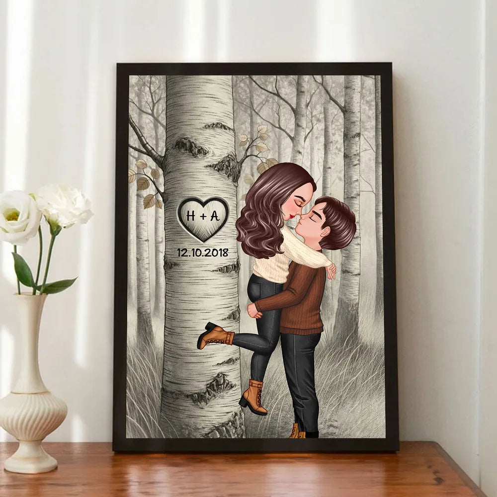 Carved in My Heart Style Personalized Poster, Cozy Forest Couple Wall Art for Home Decor, Sentimental Unique Gift for Couples