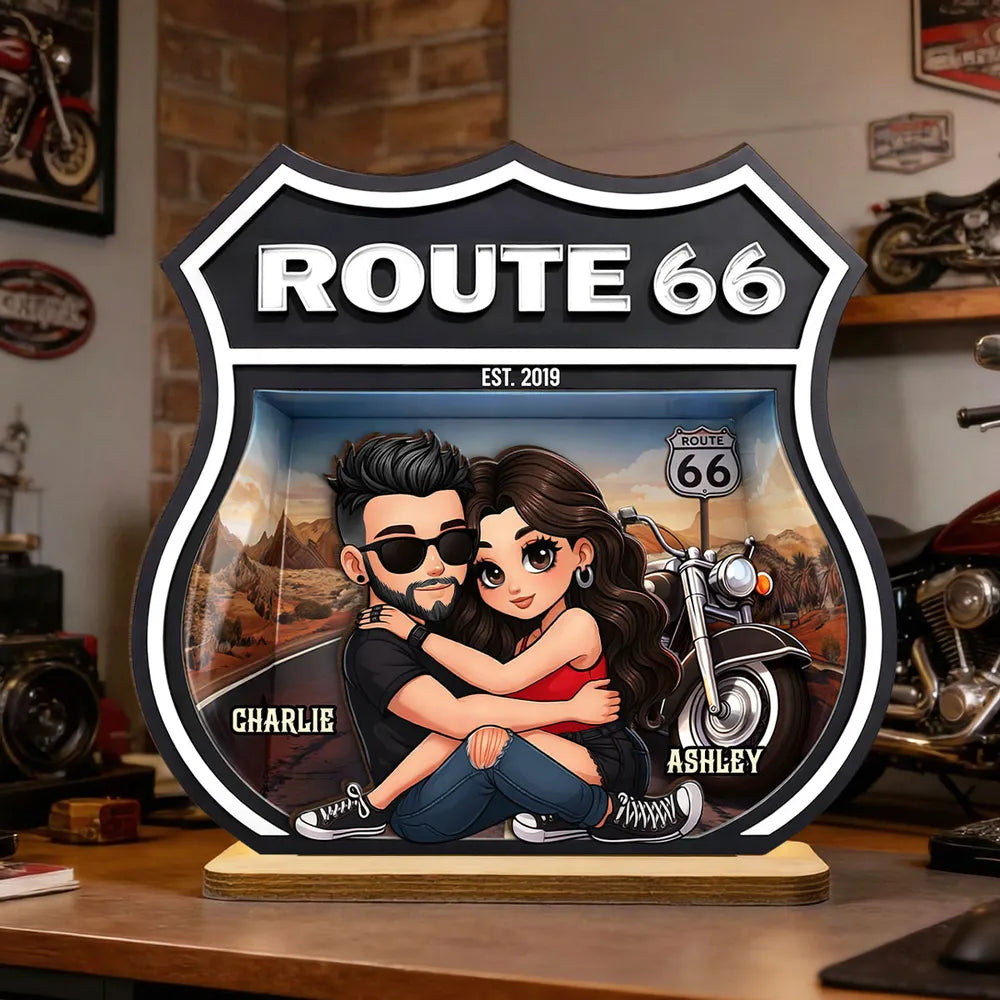 Personalized Route 66 Biker Couple 2-Layer Wooden Plaque for Motorcycle Lovers, Unique Romantic Gift for Couple
