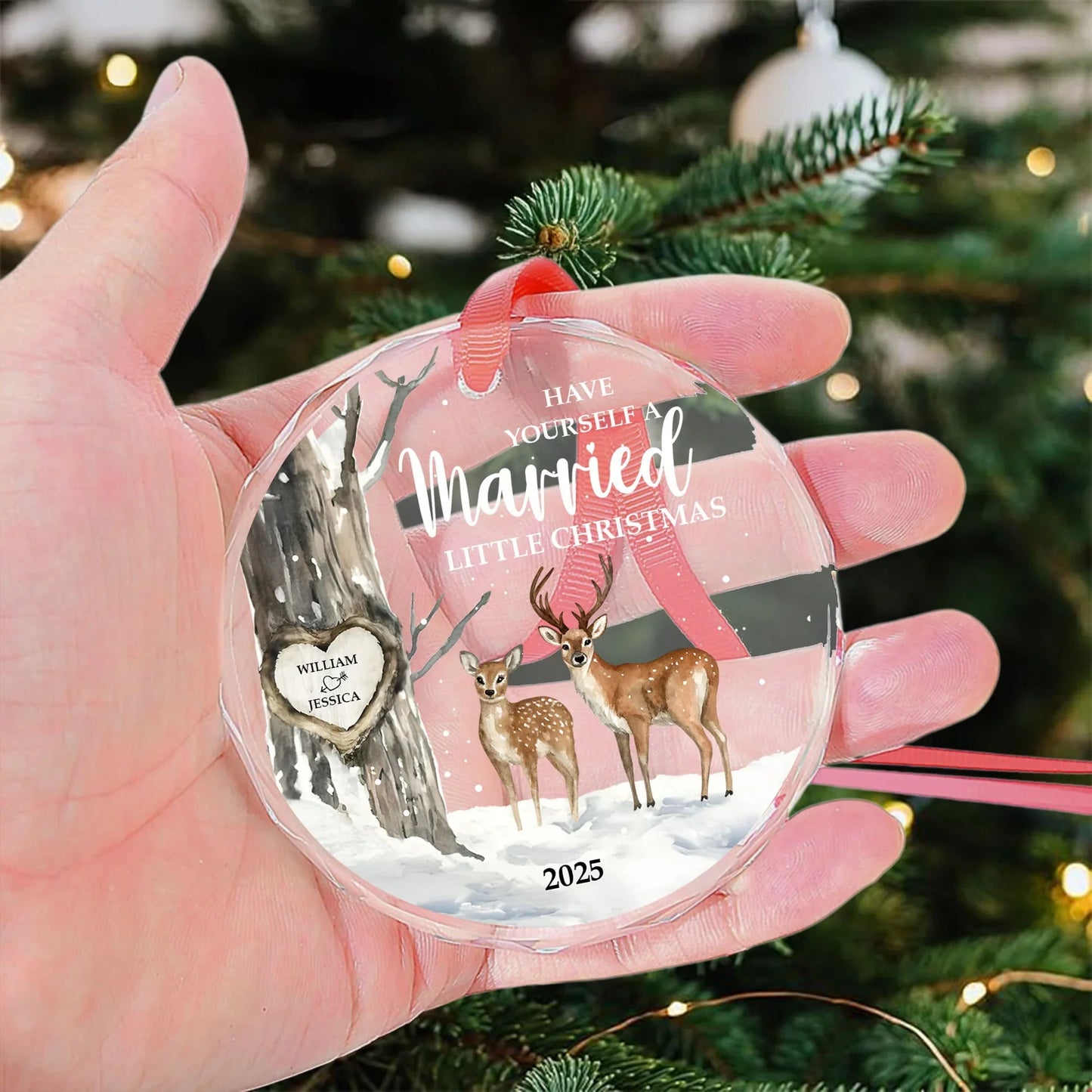 Crystal Ornament with Deer in Snowy Forest, Married Christmas Theme, Heartfelt Holiday Decoration, Perfect Gift for Couples