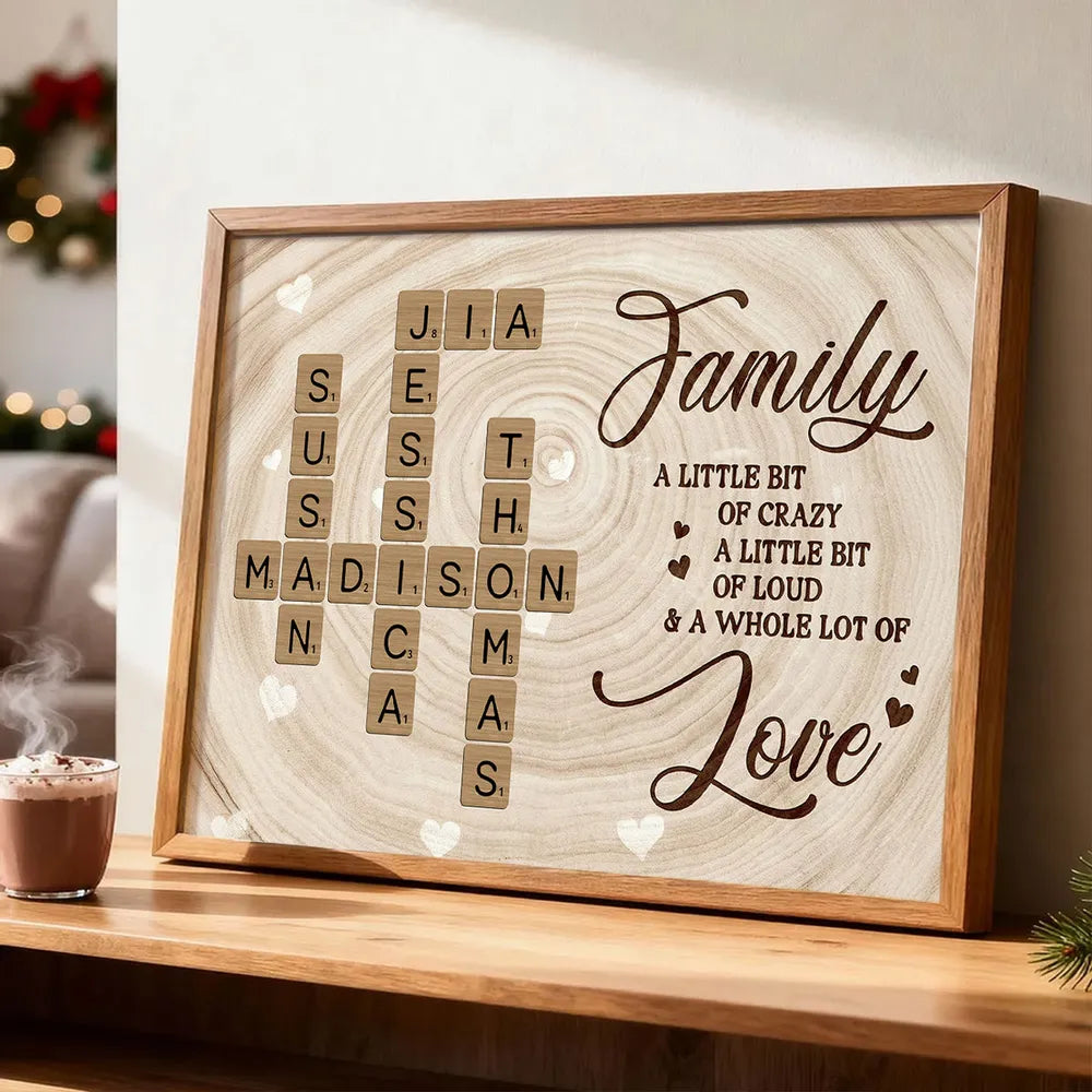 Personalized Family Crossword Poster Wall Art, Rustic Wood Look, Unique Gift for Mom for a Whole Lot of Love