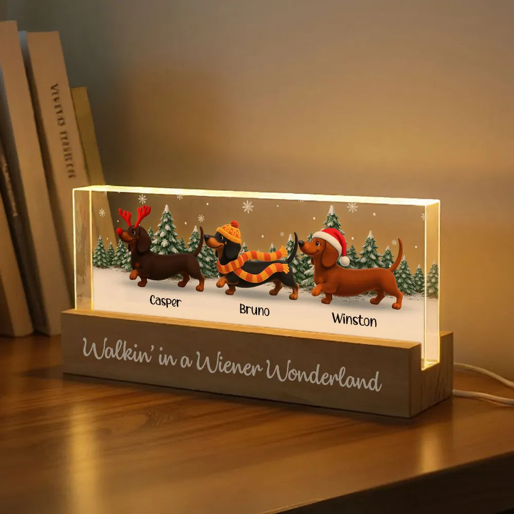 Personalized LED Light Plaque, Festive Dachshunds, Warm Glow, Snowy Christmas Scene, Creative Gift for Dog Lovers