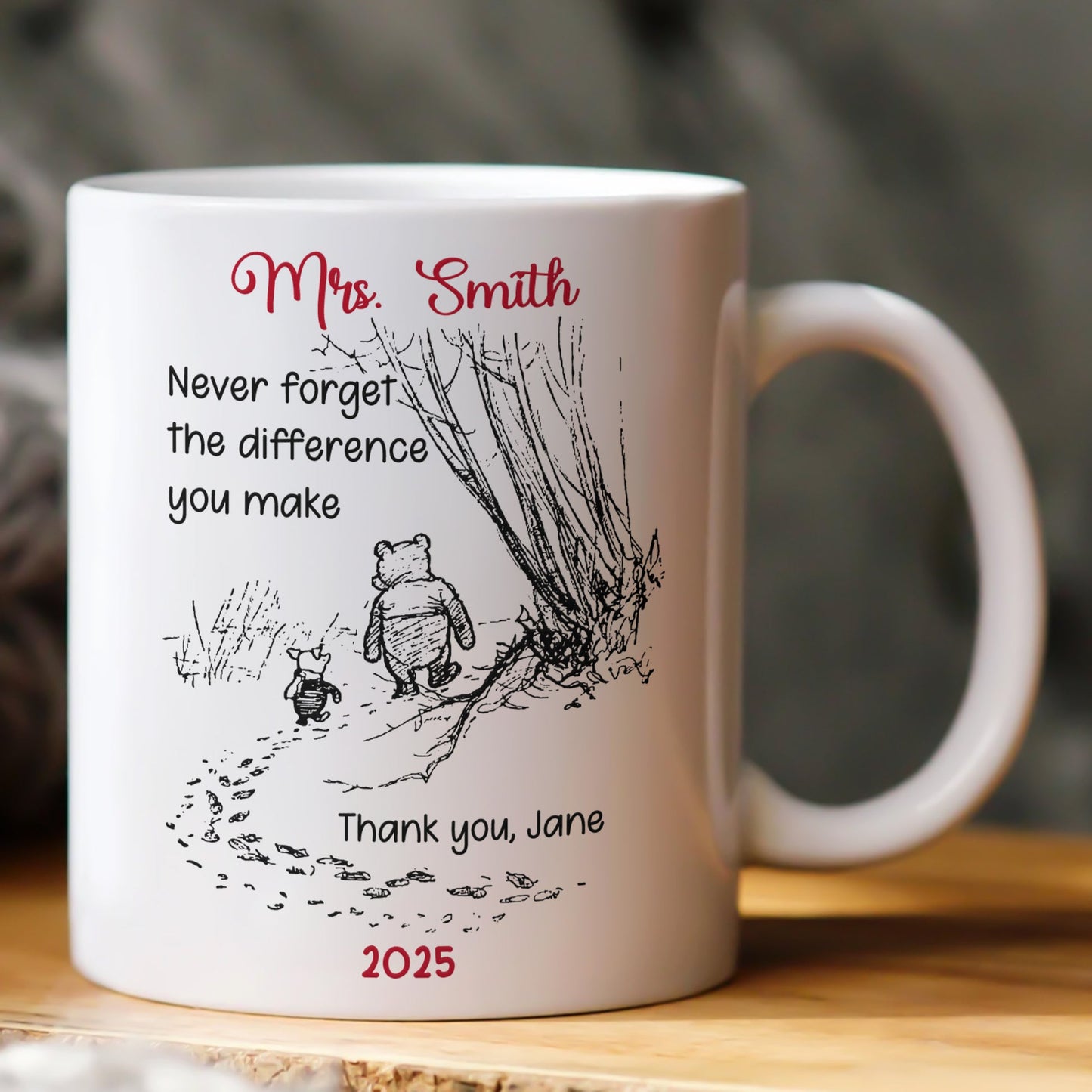 Personalized White Ceramic Mug for Teacher with Cute Bear Illustration, Daily Coffee Reminder of the Difference They Make, Unique Thank You Gift