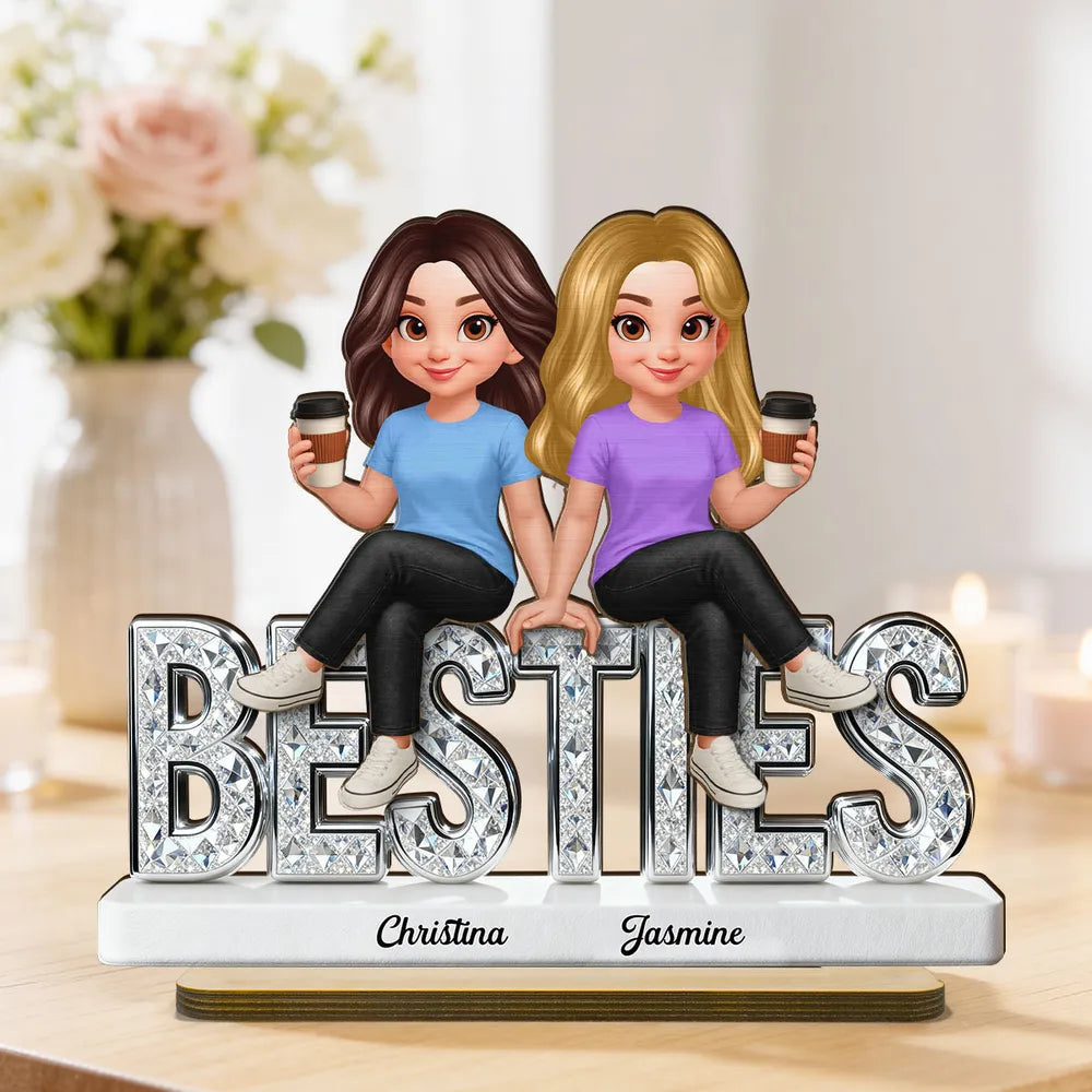 Personalized Besties 2-Layer Wooden Plaque, Cute Cartoon Best Friends Holding Coffee, Unique Gift for Best Friend