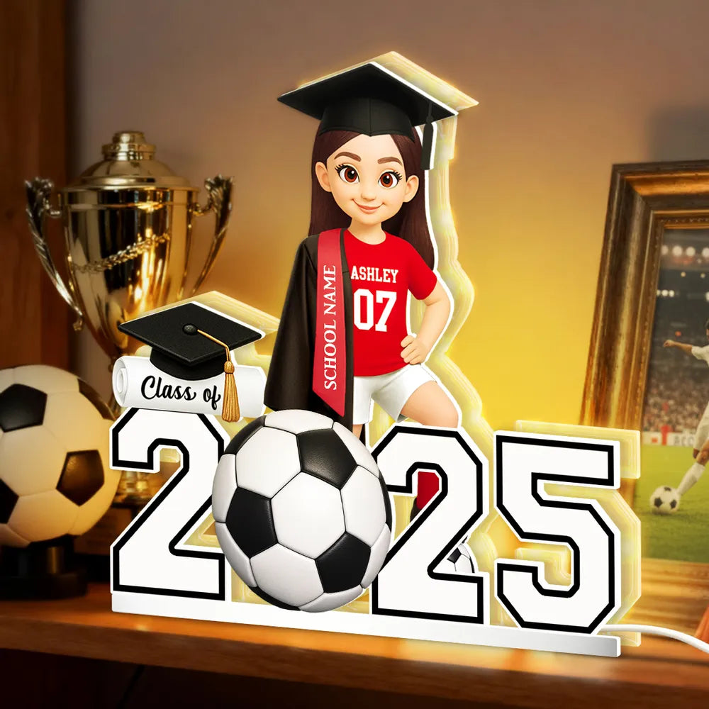 Custom Class Acrylic Light Box with Graduation Cap and Soccer Theme, Warm Atmosphere Lamp for Bedroom or Bookshelf, Memorable Gift