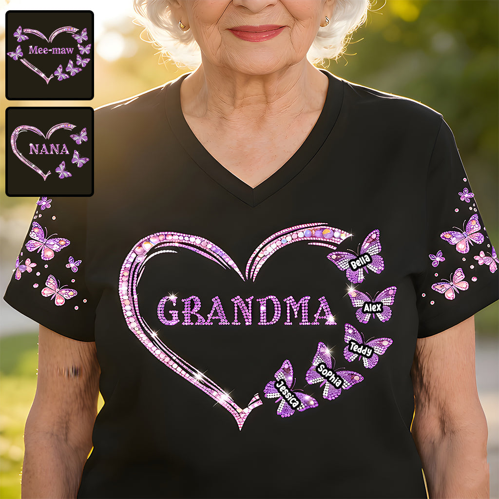 Custom Bling Shirt For Grandma/ Mother - Personalized Grandma Fully Printed V-Neck T-Shirt