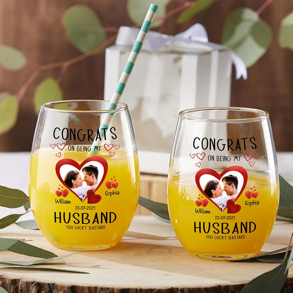Personalized Couple Wine Glass with Photo & Hearts Congrats on Being My Husband Unique Romantic Gift