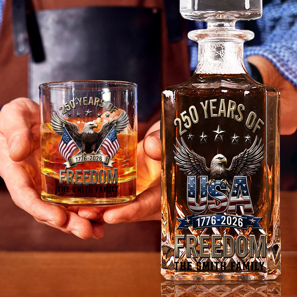 America 250th Anniversary Gifts For Family - Personalized Independence Day/ 4th of July Whiskey Decanter Set