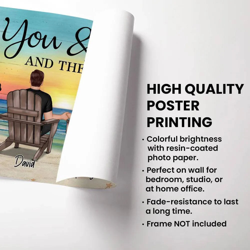 "You & Me – Custom Couple Poster with Pets, Personalized Beach Scene, Romantic Gift for Couples"