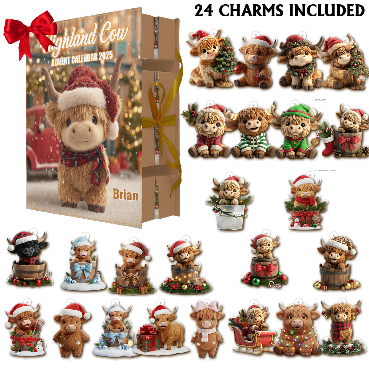 Christmas Highland Cow - Personalized Highland Cow Folded Advent Calendar With Ornaments