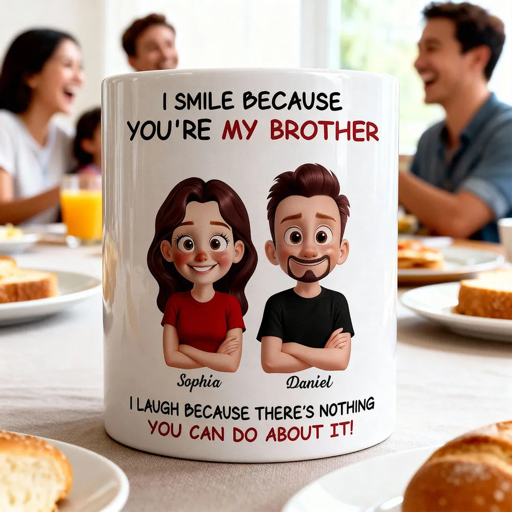 Funny Sibling White Ceramic Mug – Personalized Brother & Sister Cartoon, Playful Quote, Creative Gift for Coworker or Family