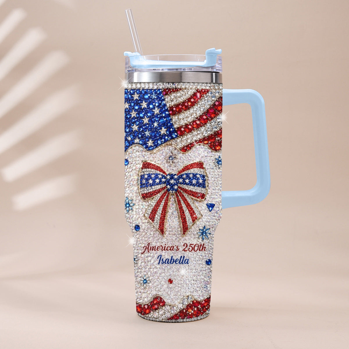 America's 250th Bow - Personalized Independence Day/ 4th of July Rhinestone Tumbler With Plush Charm