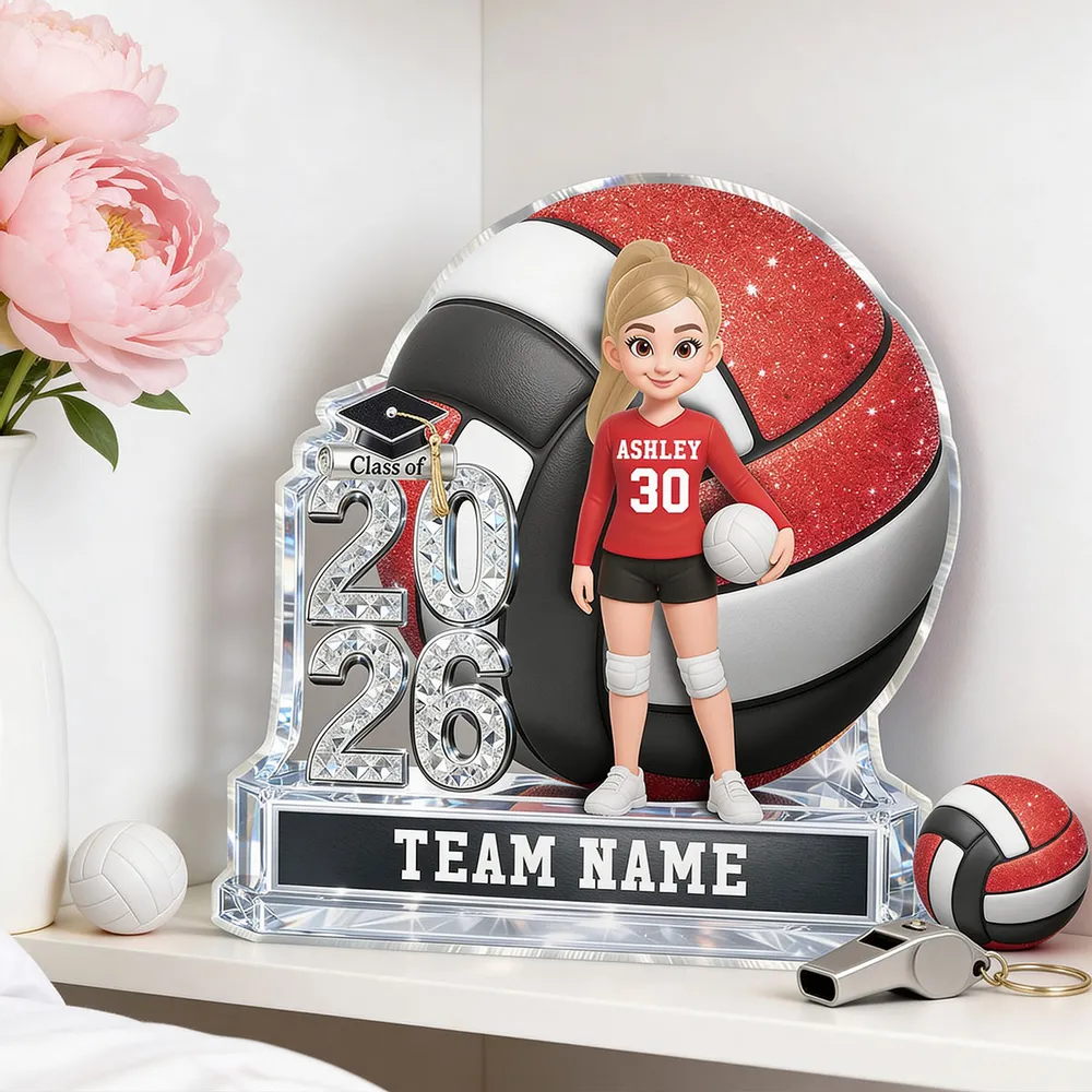 Volleyball Shaped Acrylic Block Plaque, Personalized Class Keepsake for a Senior Player - Proud Team Gift for Her