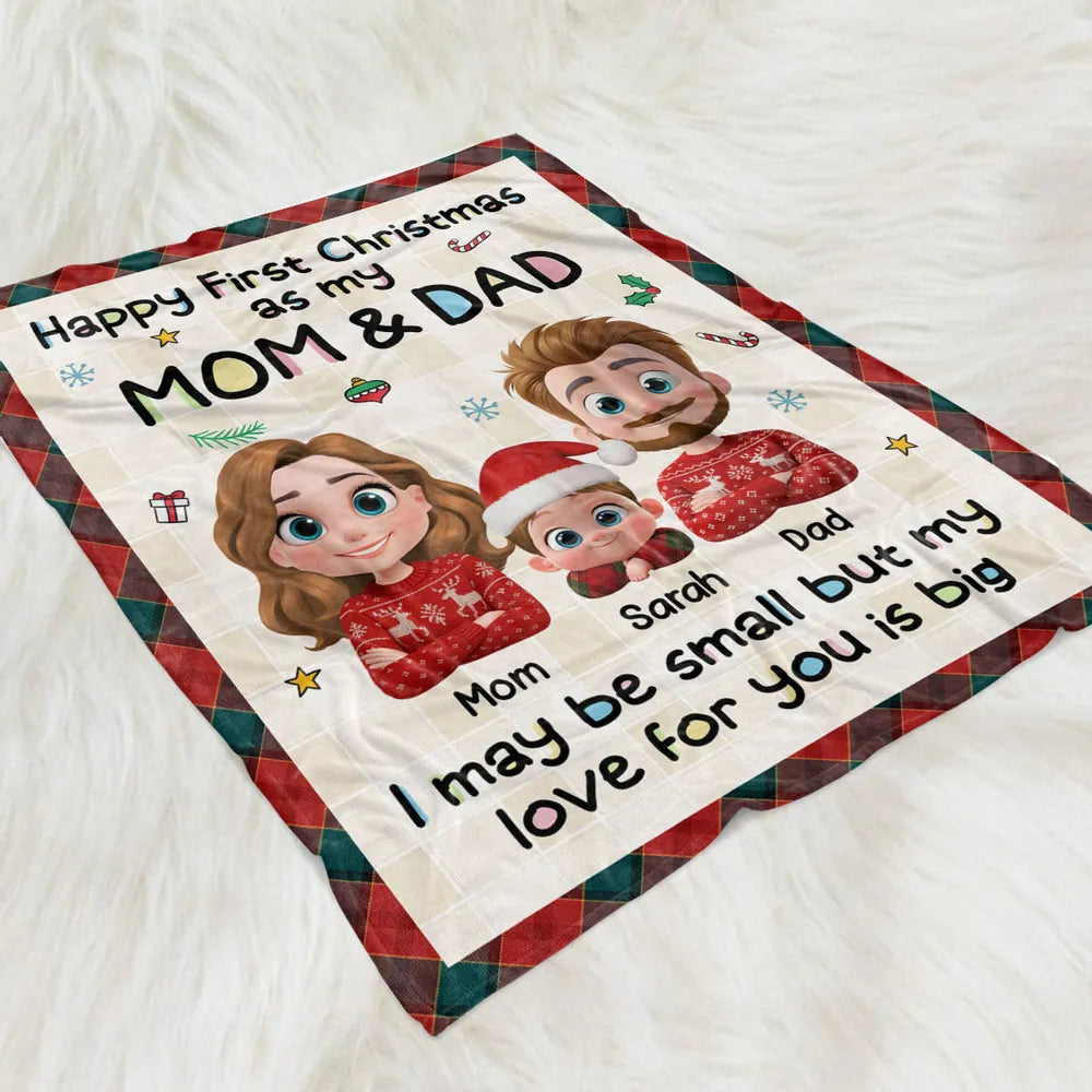 Personalized First Christmas Mom & Dad Fleece Blanket, Cute Cartoon Family, Cozy Keepsake, Unique New Baby Gift