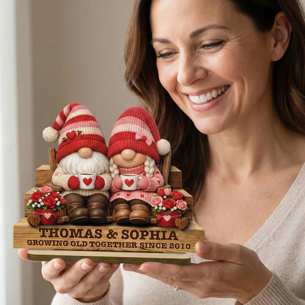 Personalized 2-Layer Wooden Plaque Gnome Couple on Bench with Heart Mugs, Cozy Home Decor, Unique Gift for Couple