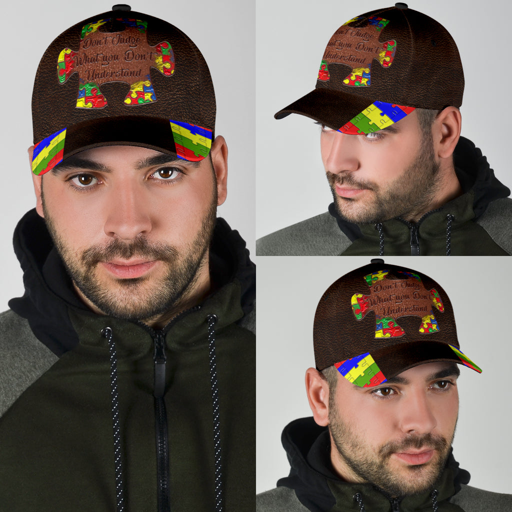 Don't Judge Leather Pattern Print Autism Awareness Classic Cap 0622