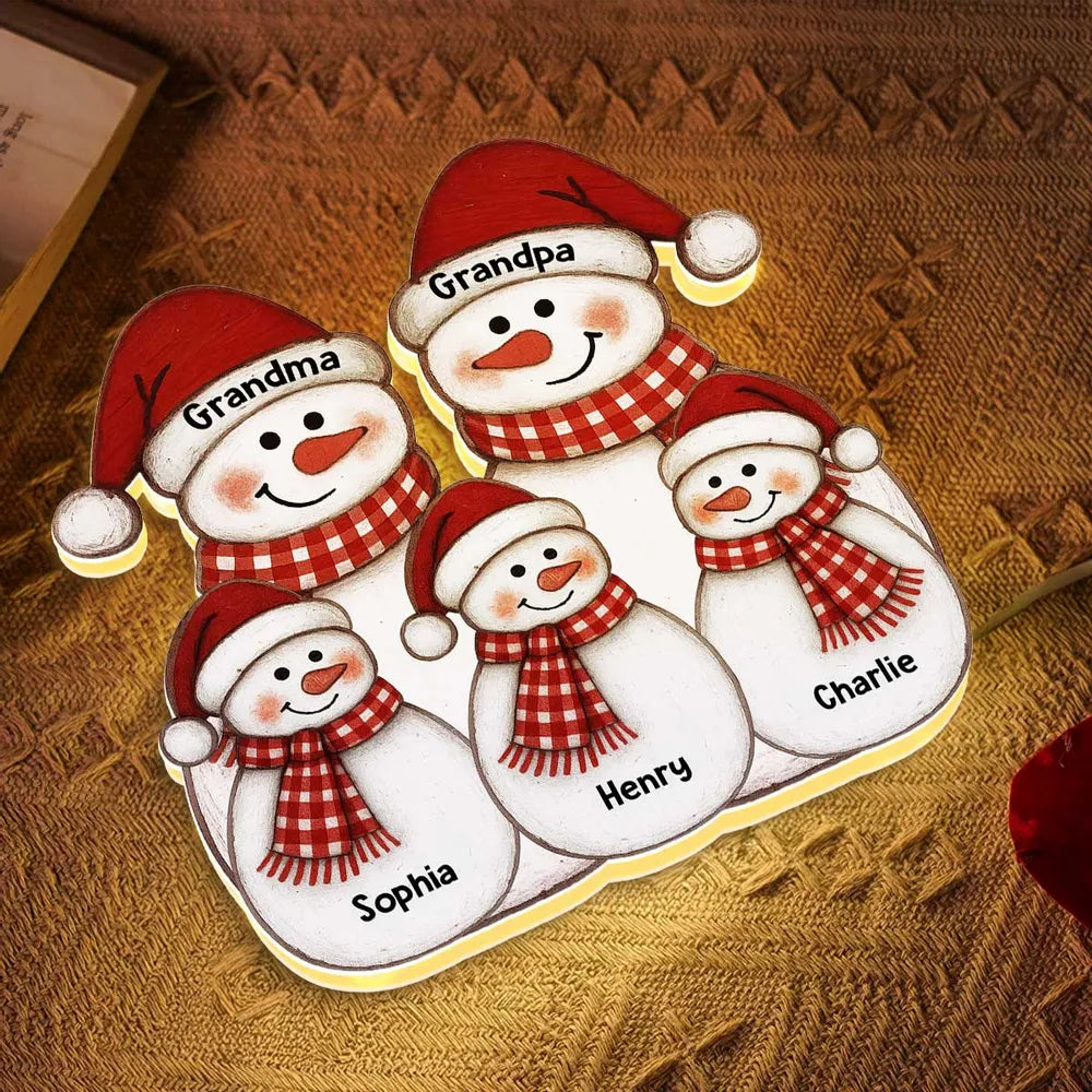 Acrylic Light Box with Folk-Art Snowman Family, Christmas decor, warm glow, unique personalized gift for Grandparents