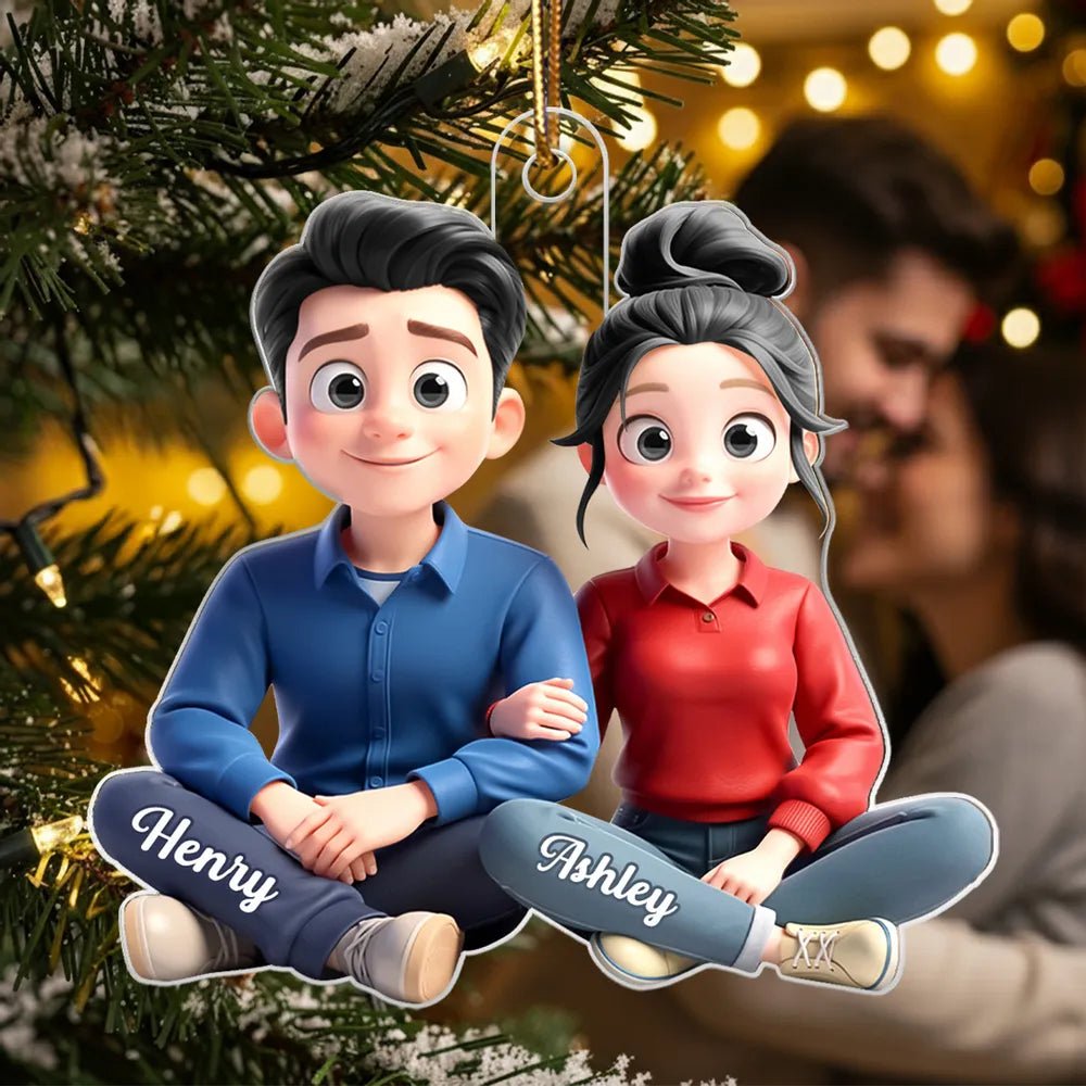 Personalized Acrylic Ornament Cartoon Couple Sitting Together, Cute Unique Gift for Him or Her