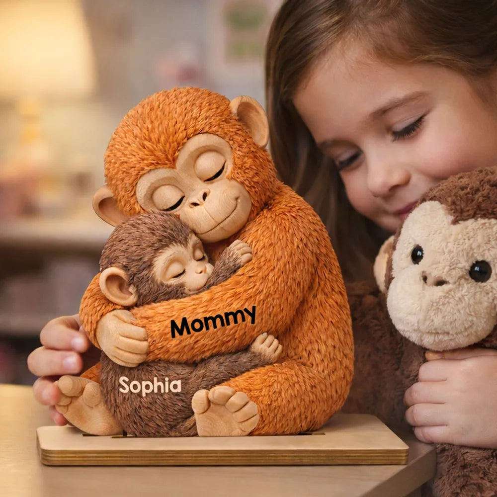 Personalized 2-Layer Wooden Plaque with Hugging Mom Monkey and Babies - Unique Mother's Day Gift for Mom