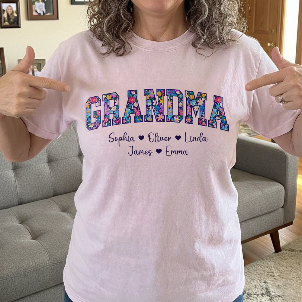 Personalized Floral Grandma Classic Tee with Custom Names, Bright Vintage-Style Lettering, Unique Gift for Grandma