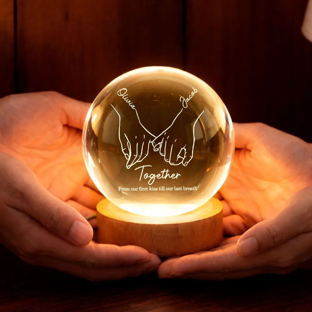 Personalized Globe Lamp with Interlocked Hands Quote Nightstand Decor, Unique Romantic Gift for Couples
