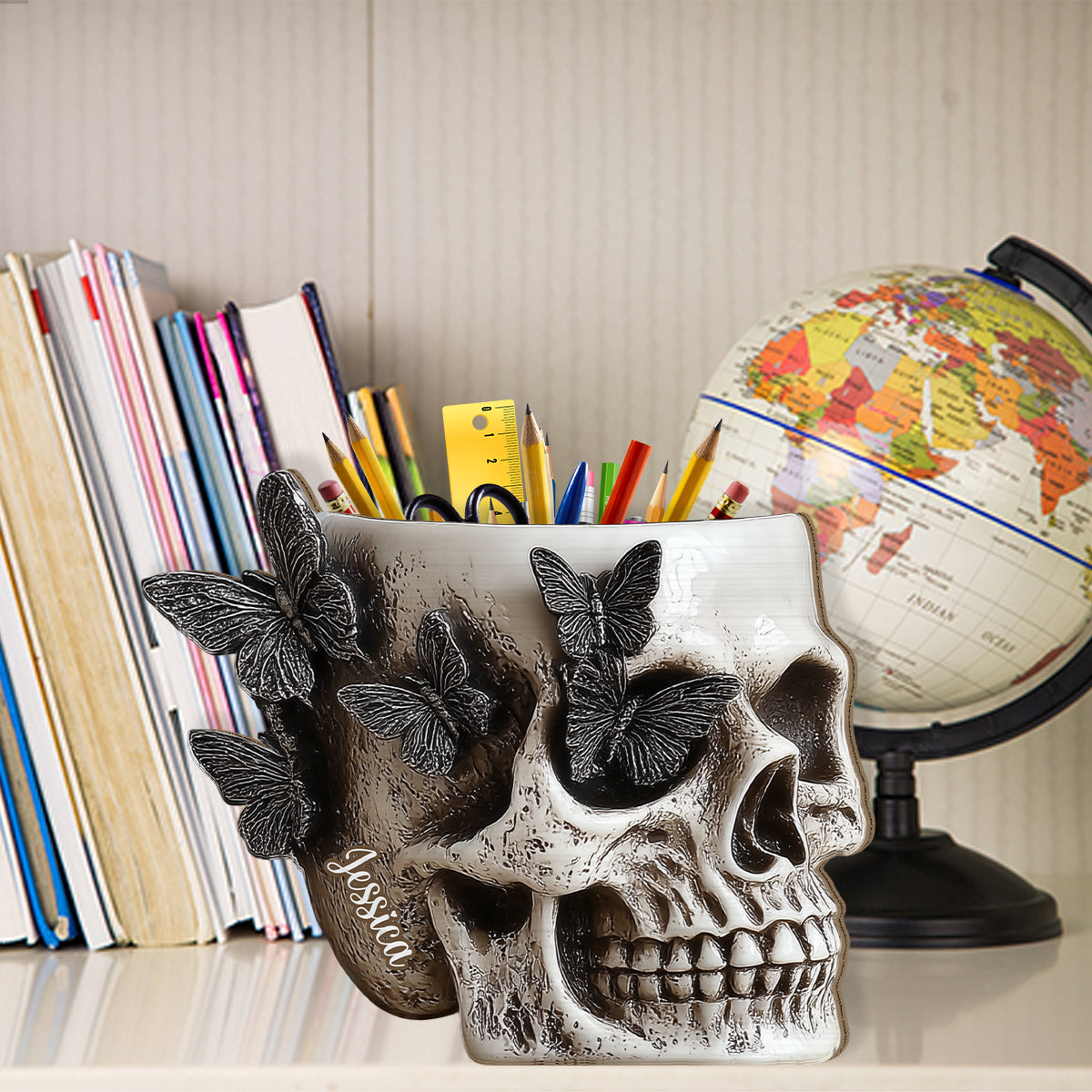 Butterfly Skull - Personalized Skull Wooden Pen Holder