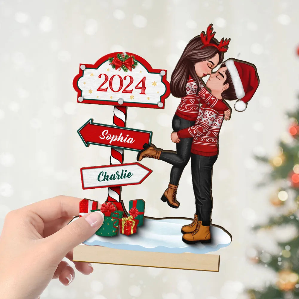 Couple Hugging Kissing North Pole Sign, Custom 2-Layer Wooden Plaque or Ornament or Poster or Keychain, Gift for Christmas Decor