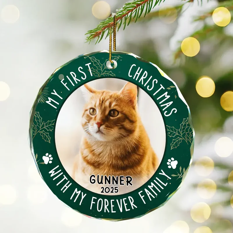 Crystal Ornament with Pet Photo, My First Christmas Circle Design in Green Holly, a Unique Gift for Pet Parents
