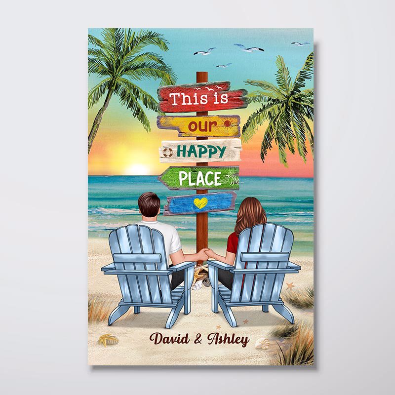 Beach Sunset Palm Trees Couple Holding Hands Poster, This Is Our Happy Place Personalized Wall Art, Romantic Gift for Couples