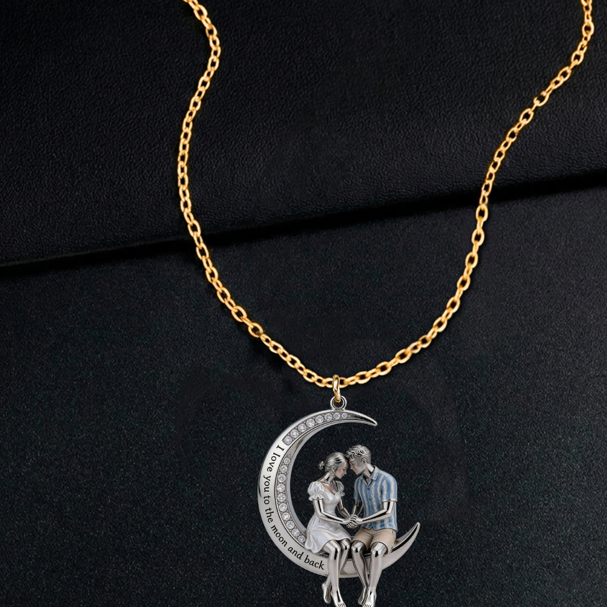 I Love You to the Moon and Back - Personalized Couple Shaped Metal Pendant Necklace