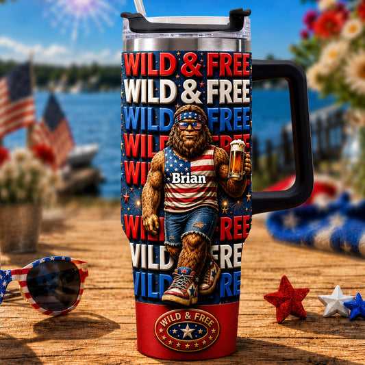4th of July, Bigfoot Independence Day - Personalized Bigfoot Tumbler With Handle