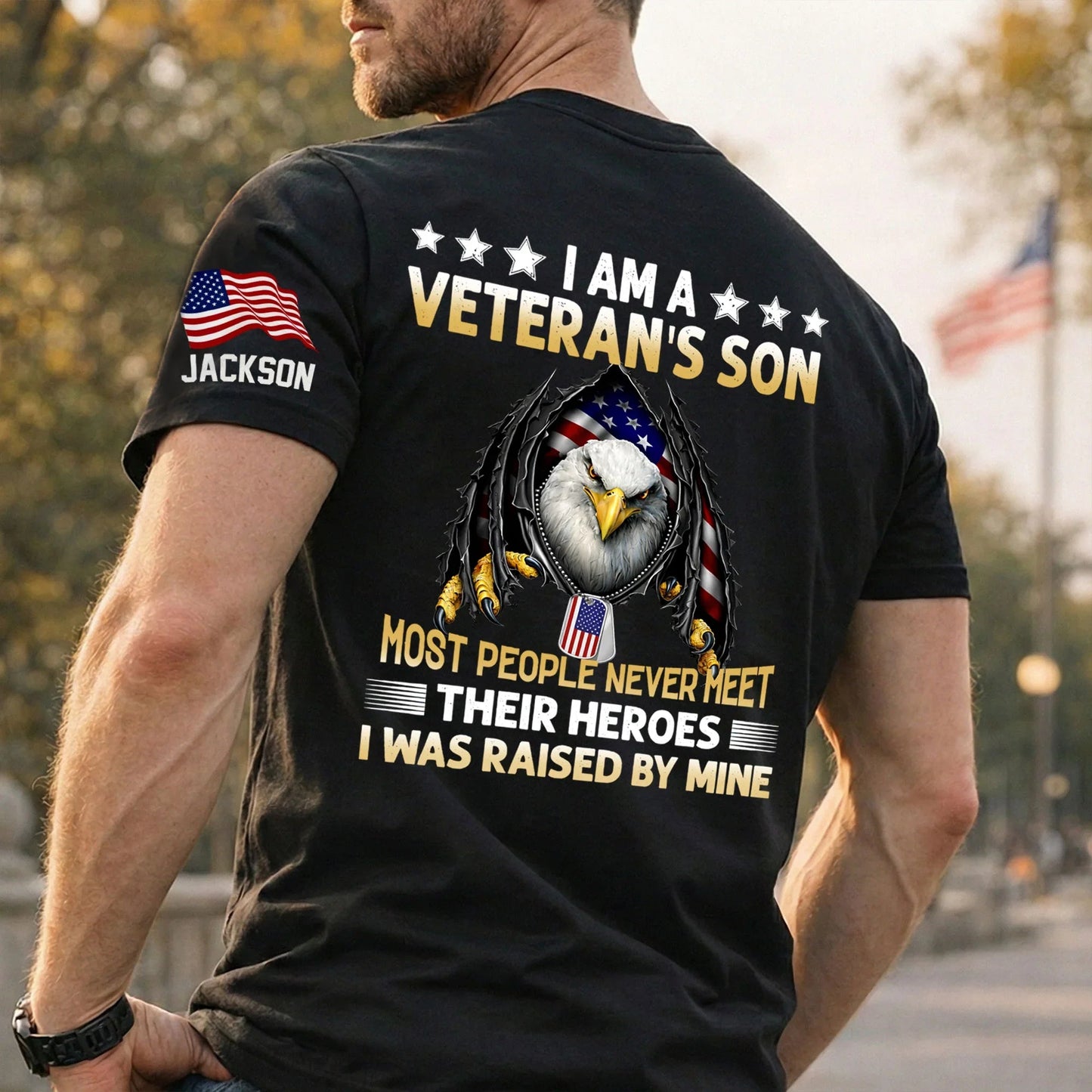 Personalized Dual Print Classic Tee I Am A Veteran's Son Eagle Flag Graphic Unique Gift for Proud Military Families