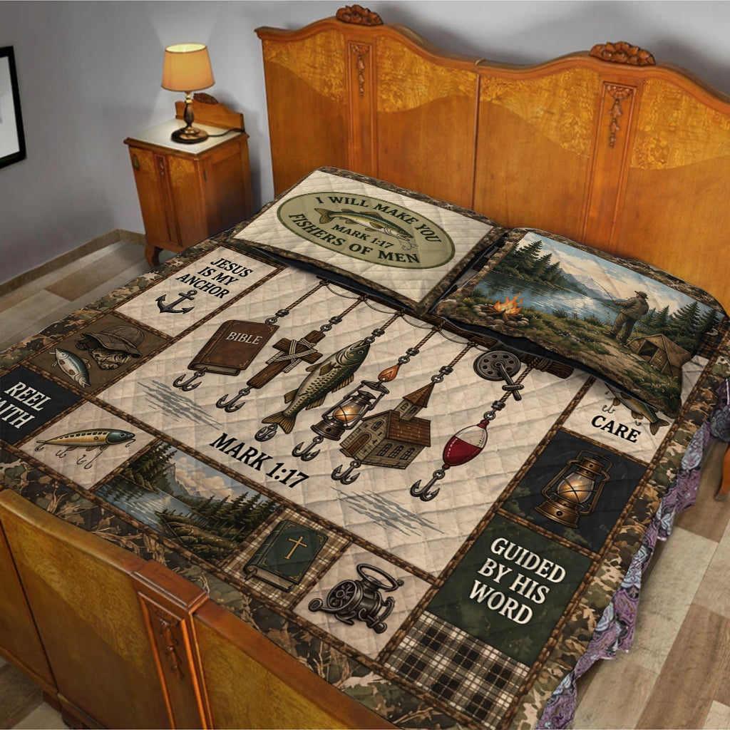 Fishing Lovers Gift, Hooked On Jesus - Personalized Fishing Quilt Set