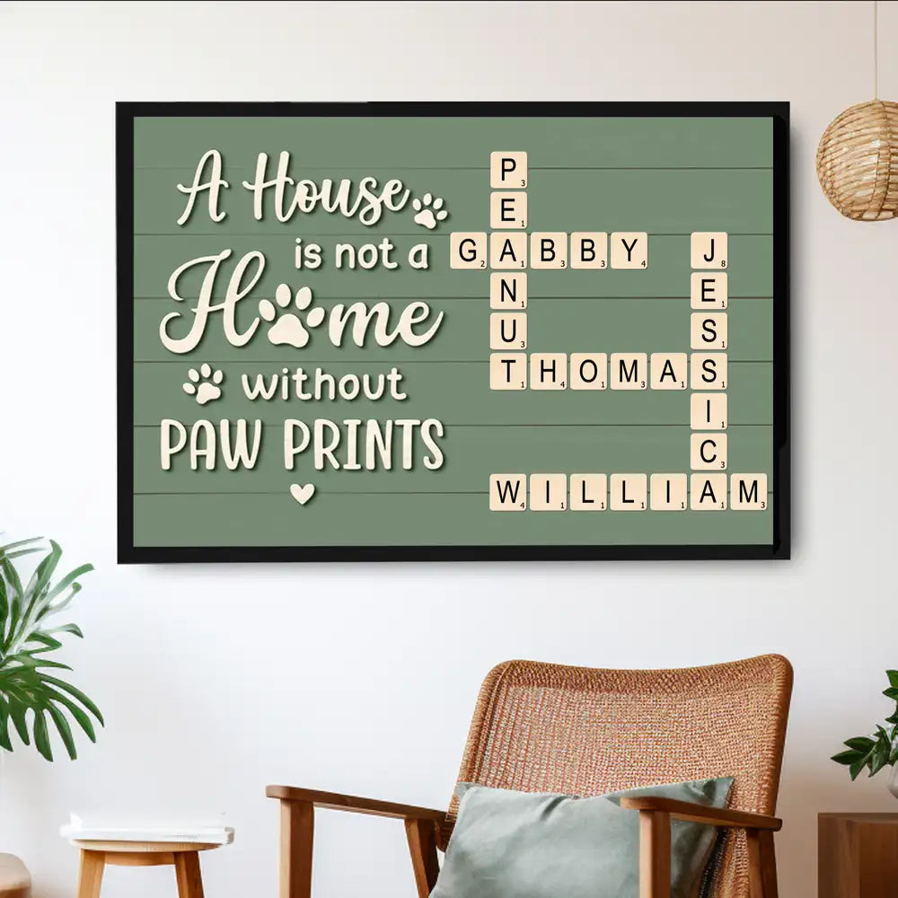 Personalized Pet‑Name Crossword Poster, “A House Is Not a Home Without Paw Prints” Dog Wall Art
