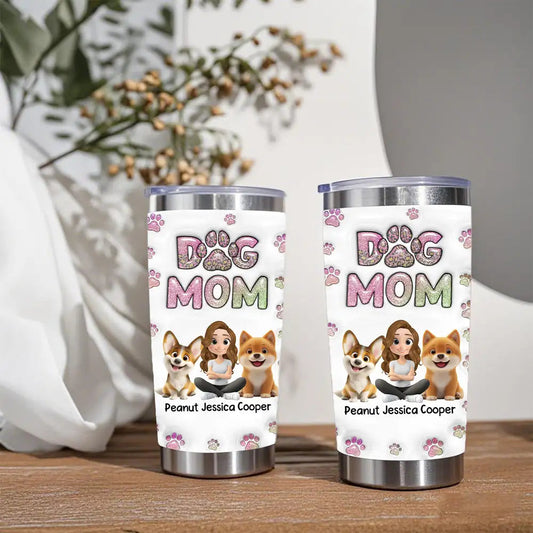 Insulated Travel Tumbler – Cartoon Dog & Mom, Glitter “DOG MOM” Paw Design, Personalized Gift