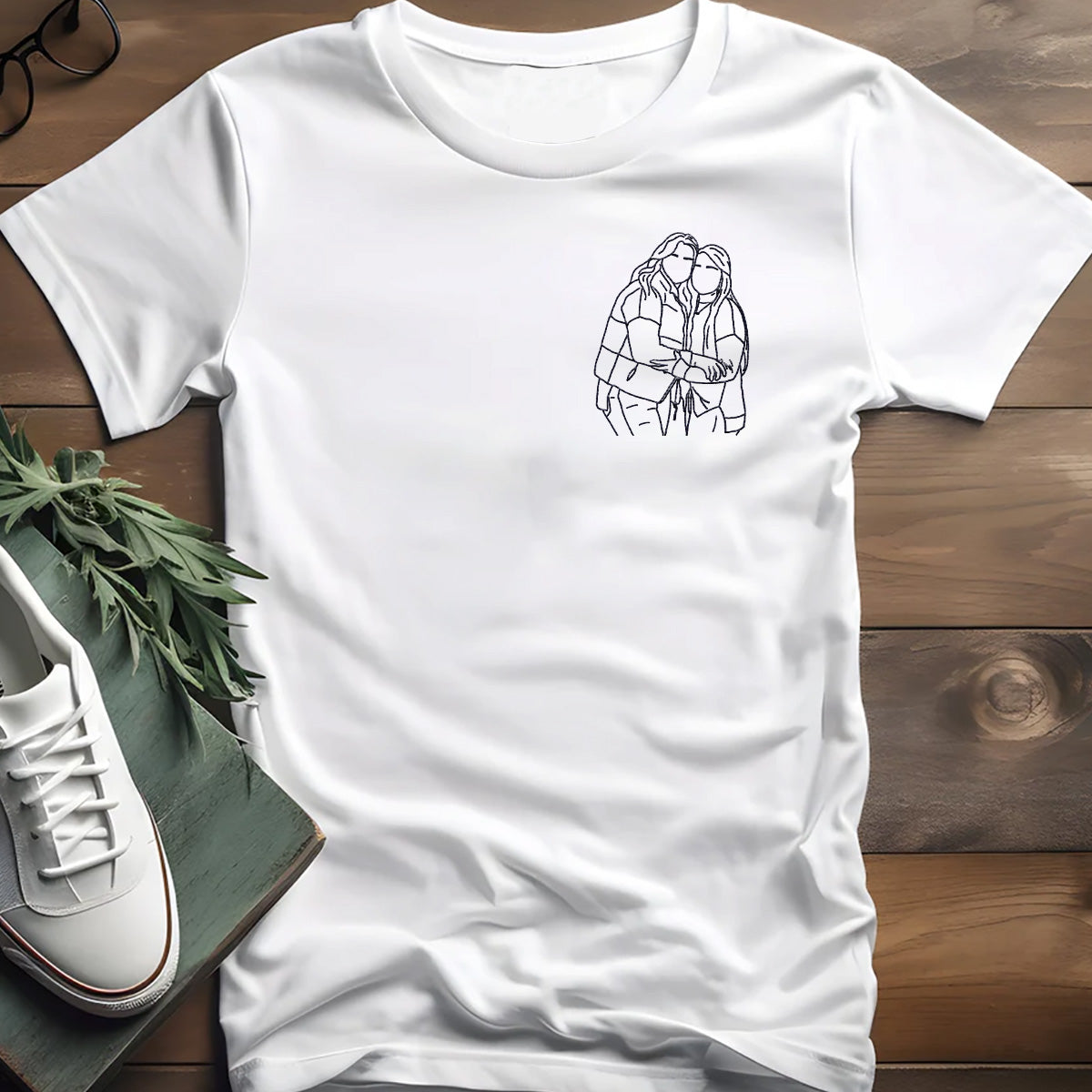 Custom Line Art - Personalized Sibling Embroidered T-shirt