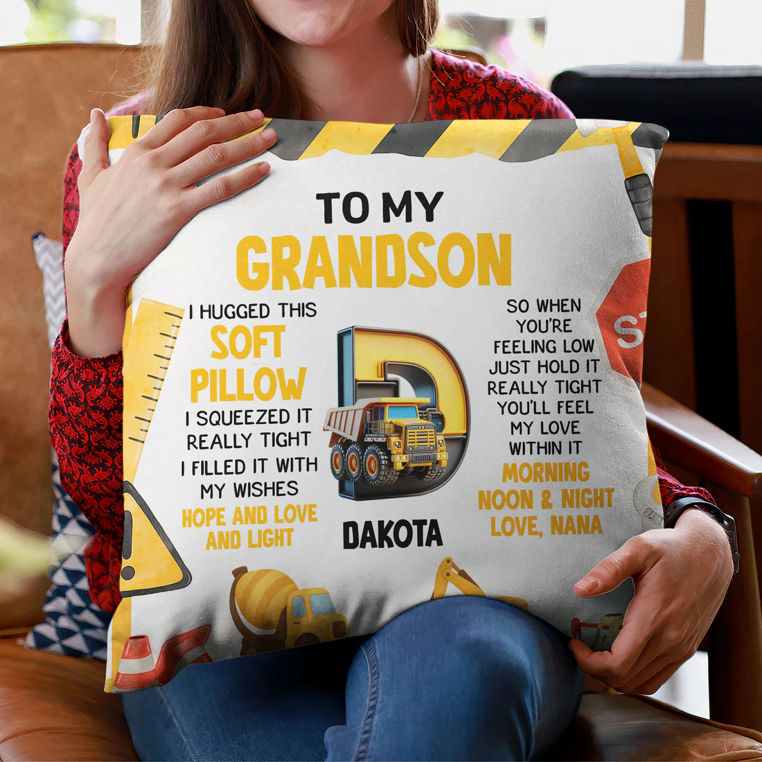 Personalized Construction Theme Square Pillow for Grandson, Cute Truck Initial Design, Unique Gift That Feels Like a Hug