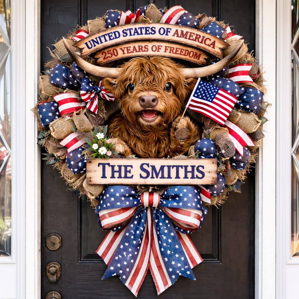 Highland Cow Celebrate 250th Anniversary - Personalized Highland Cow Shaped Wood Sign With Sash