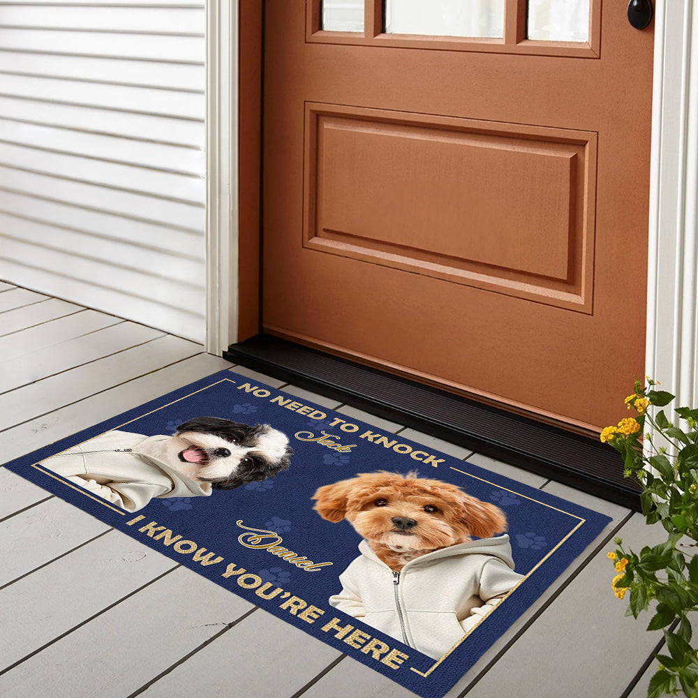 Personalized Doormat for Dog Lovers – Customizable Dog Photo Mat with Message, "No Need to Knock, I Know You’re Here", Perfect Gift for Pet Owners, Home Decor for Dog Families