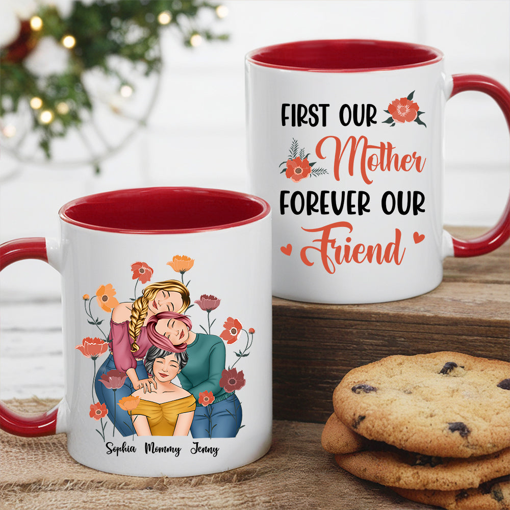 Personalized Gift for Mother or Daughter – Ceramic Mug Featuring Hugging Scene with 'First Our Mother, Forever Our Friend'
