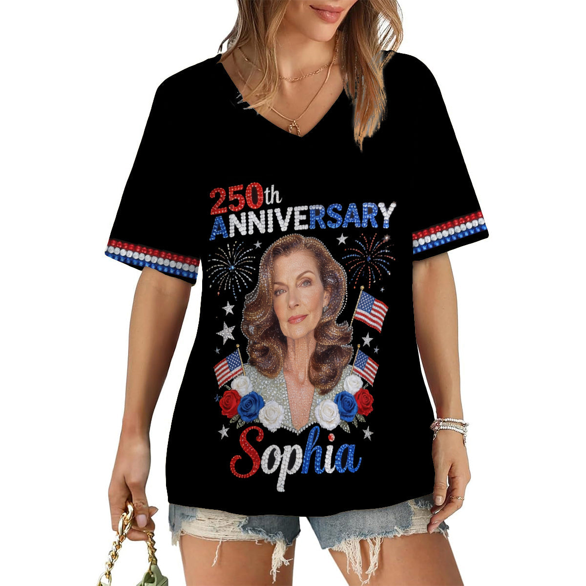 Custom Any Photo - Personalized Independence Day/ 4th of July Fully Printed V-Neck T-Shirt