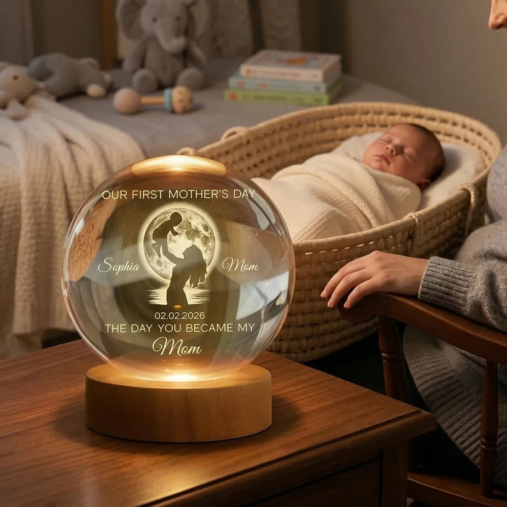 Personalized Globe Lamp with Custom Moon Phase for New Mom, Mother Holding Baby Silhouette, Unique First Mother's Day Gift
