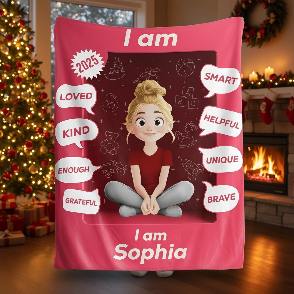 Personalized Kid Affirmation Blanket with Cute Cartoon Girl – I Am Loved, Kind, Brave – Uplifting Unique Gift for Daughters & Little Girls