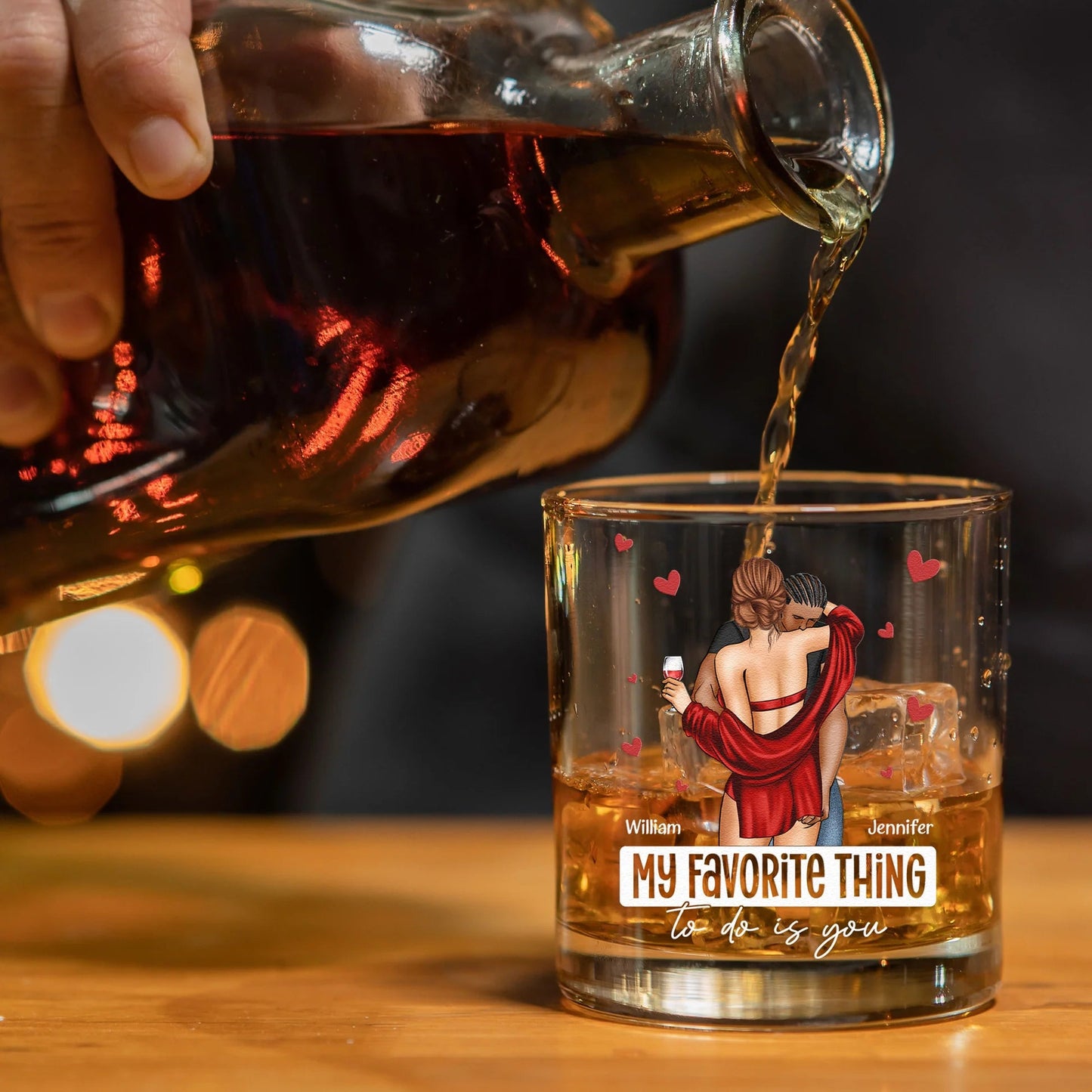 Romantic Personalized Whiskey Glass With Couple Embrace And Hearts, My Favorite Thing To Do Is You, Creative Gift