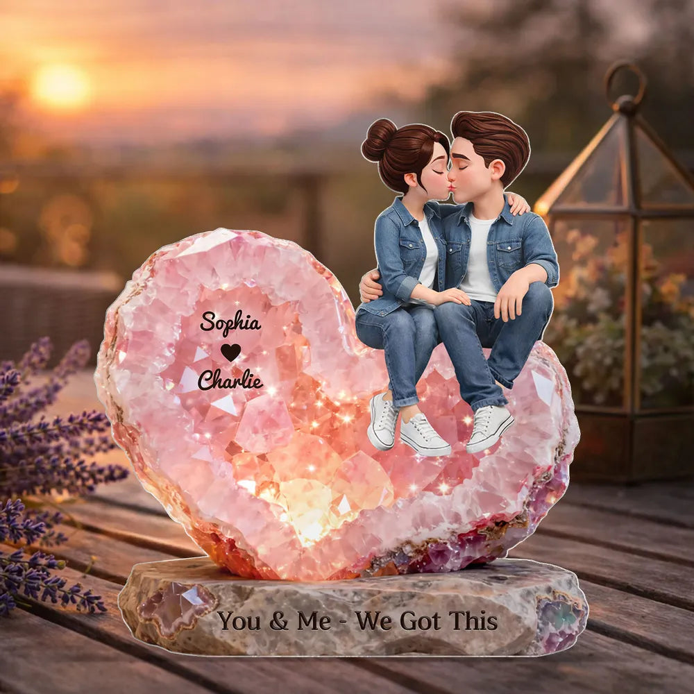 Personalized Shaped Acrylic Block Plaque, Kissing Couple Rose Quartz Heart Decor, You & Me We Got This Unique Gift