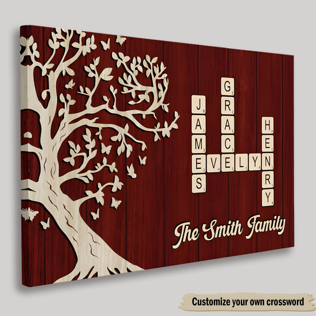 Family Crossword Poster - Custom Tree Wall Art, Warm Wood Look, A Unique Gift for Mom, Dad & Grandparents
