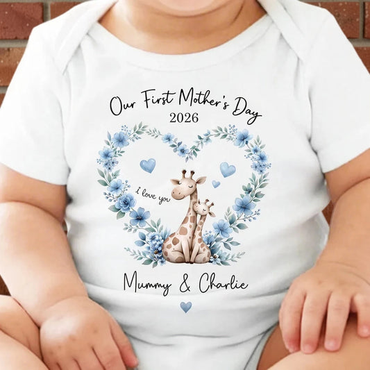 Short Sleeve Baby Onesie Personalized for First Mother's Day, Blue Floral Giraffe Mom and Baby, Sweet Photo-Ready Gift
