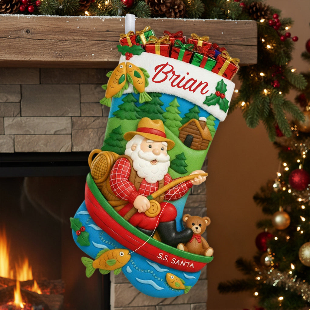 Christmas Santa Fishing - Personalized Fishing Shaped Christmas Stocking
